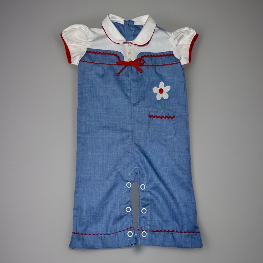VTG 70s Baby Outfit Red White Blue - Rickrack Trim Retro Rockabilly -Aprox 3-9M